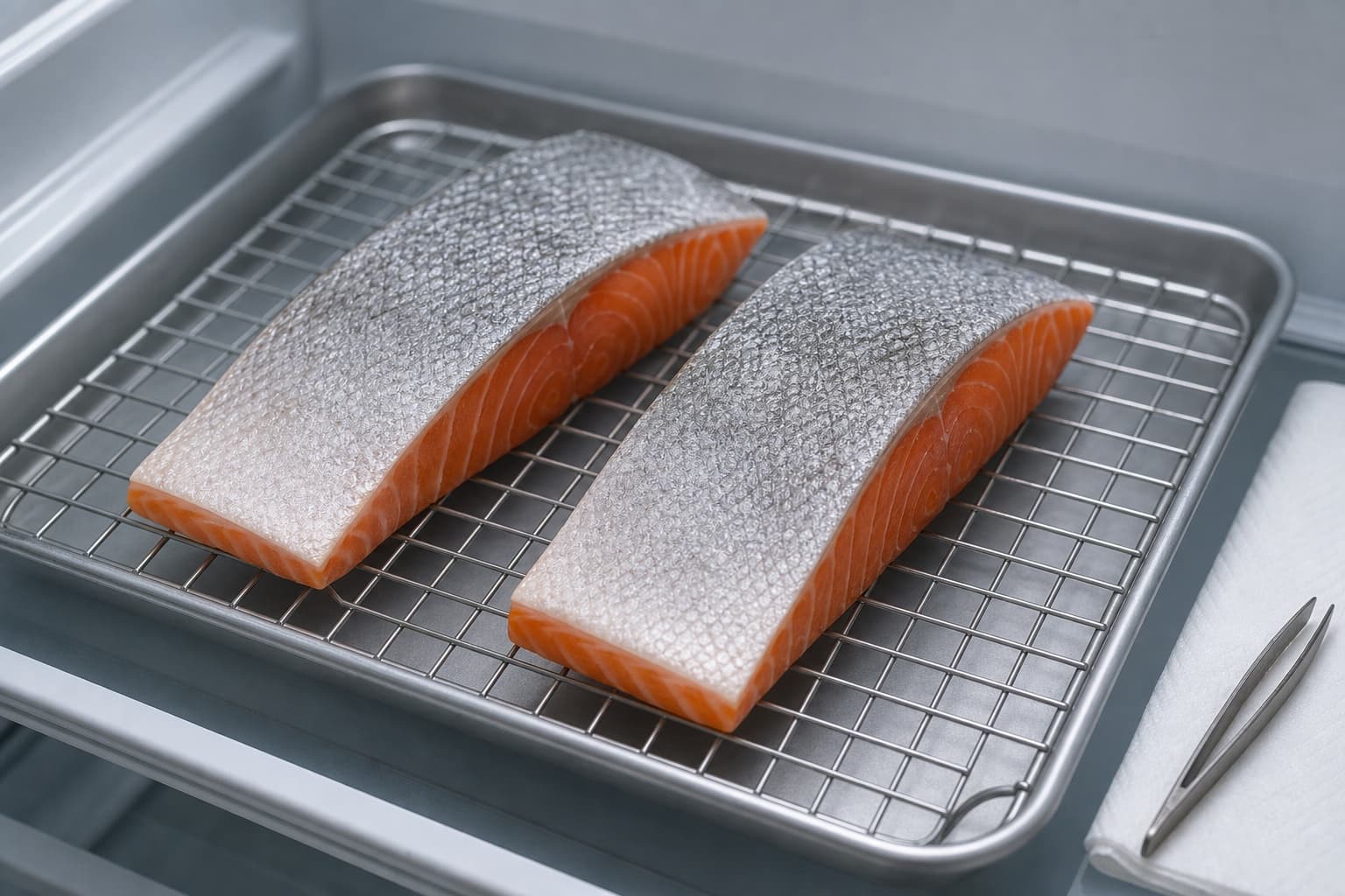 Crisp-Skin Salmon with Miso-Lemon Butter, step 1, Dry-brine the centre cuts: The skin is matte, taut, and slightly tacky rather than glossy or wet.