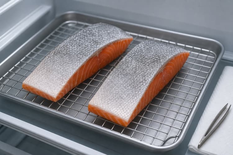 Crisp-Skin Salmon with Miso-Lemon Butter method step 1, Dry-brine the centre cuts: The skin is matte, taut, and slightly tacky rather than glossy or wet.