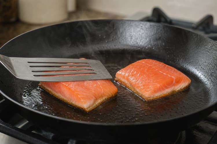 Crisp-Skin Salmon with Miso-Lemon Butter method step 4, Set a flat, glass-crisp skin: Skin lies flat, turns evenly deep amber, releases with a nudge, and opacity rises halfway.