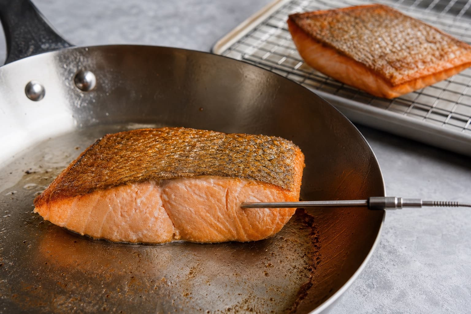Crisp-Skin Salmon with Miso-Lemon Butter, step 5, Kiss the flesh side to exact doneness: The centre reaches 63°C, flakes moist and opaque, releases little albumin, and skin stays crisp.