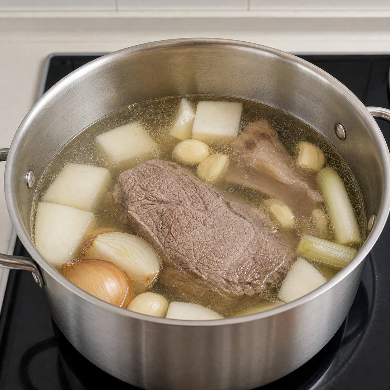 Easy Gomtang, step 2, Start the fresh meat broth: The liquid is light amber with meat visible below it and only a few clean fat glints.