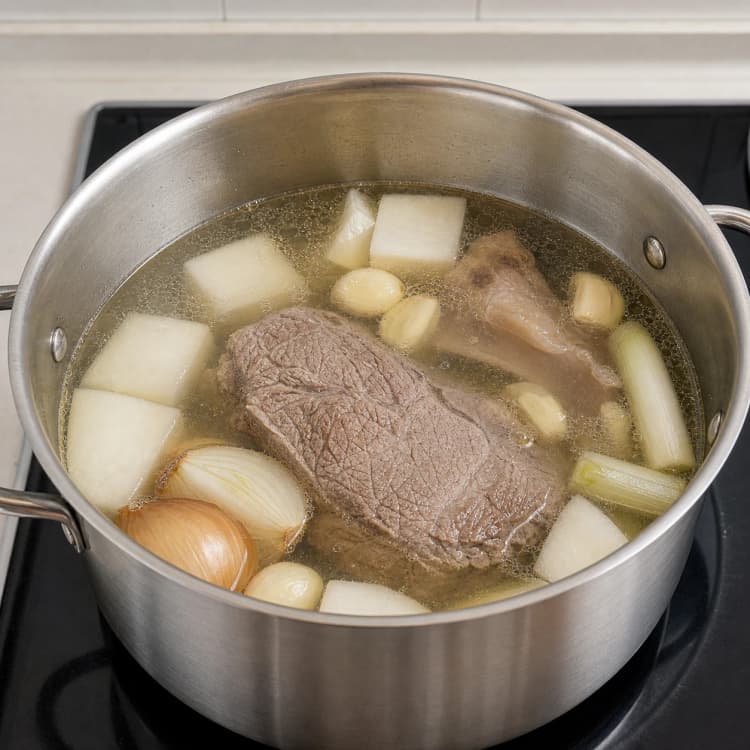 Easy Gomtang method step 2, Start the fresh meat broth: The liquid is light amber with meat visible below it and only a few clean fat glints.