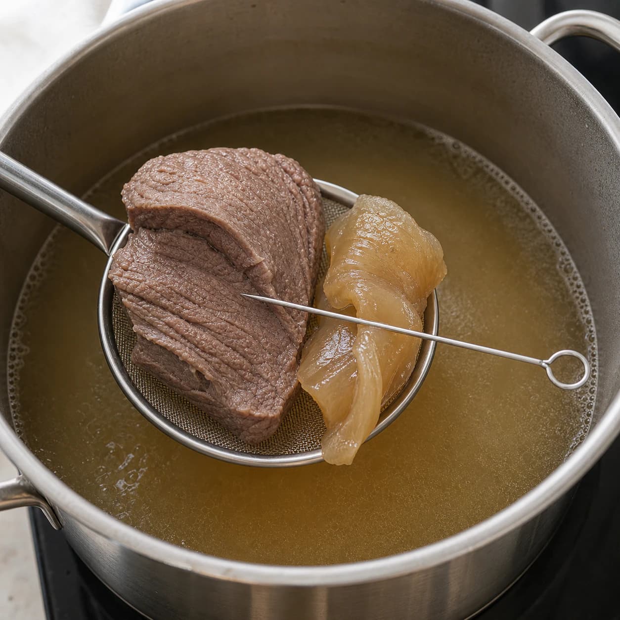 Easy Gomtang, step 3, Hold a quiet simmer and test each cut: Broth remains clear; tender brisket slices without crumbling and tendon is supple rather than rubbery.