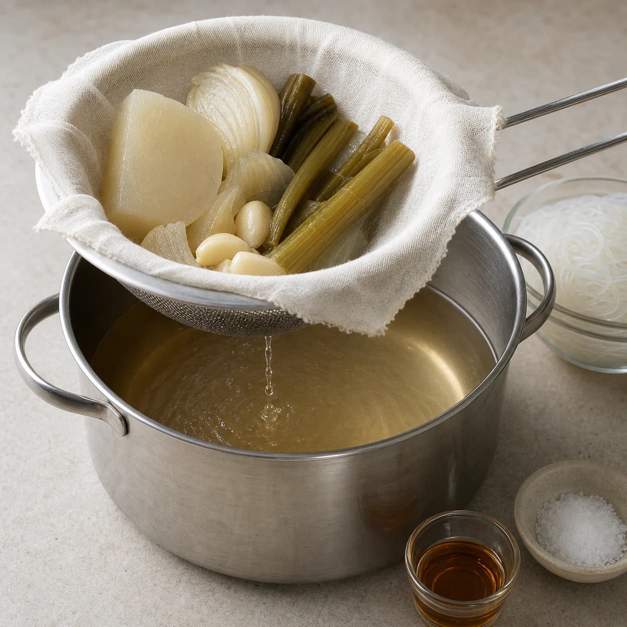 Easy Gomtang, step 4, Strain, de-fat, and season lightly: The hot broth is clear golden, full-bodied but not greasy, and mildly seasoned before table salt.