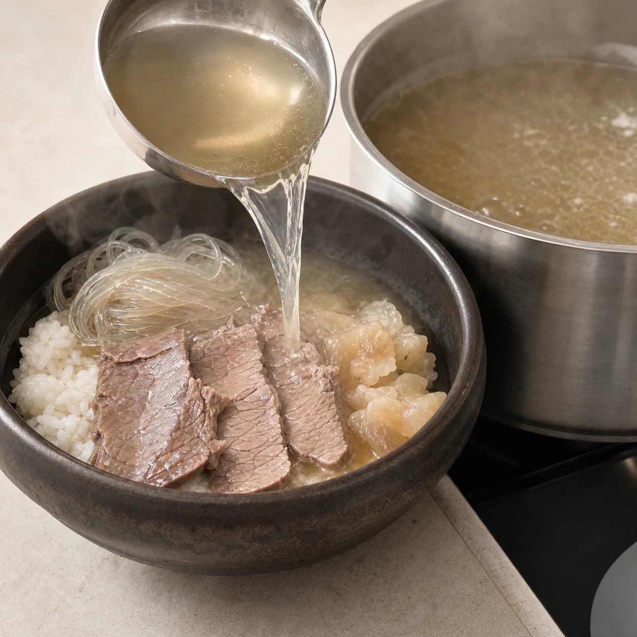 Easy Gomtang, step 5, Slice and warm each bowl by toryeom: Rice and meat are steaming hot while the stock still shows each grain and slice clearly.