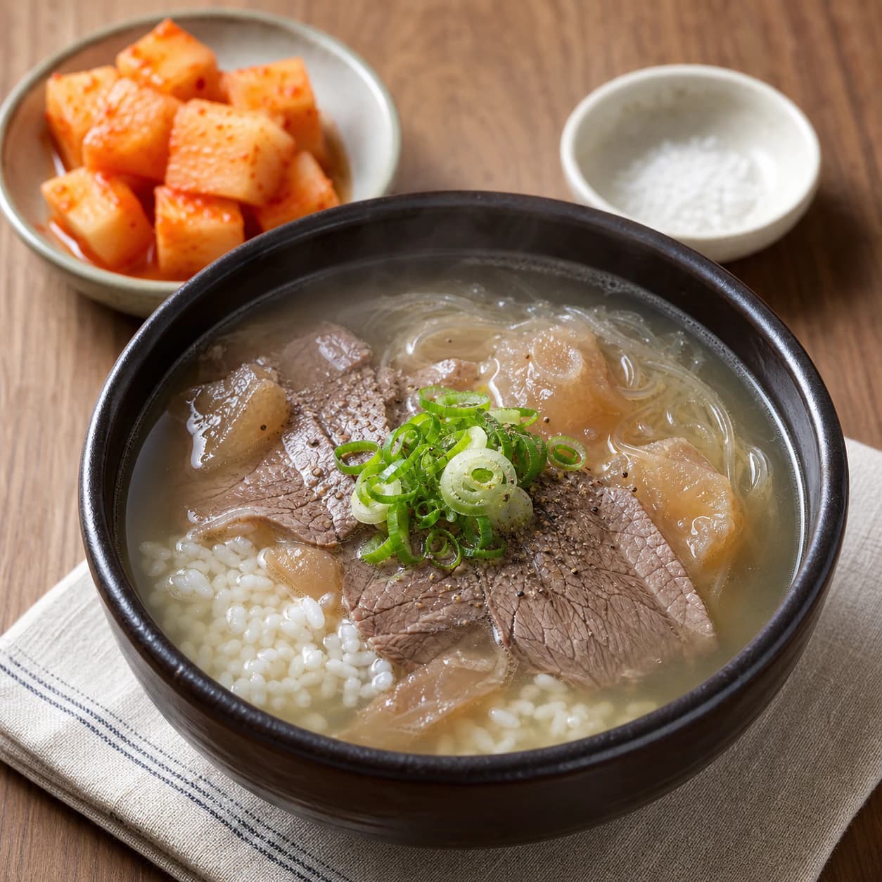Easy Gomtang, step 6, Finish hot and store safely: The bowl is piping hot, clear, clean-edged, and finished with bright green onion beside crisp kimchi.