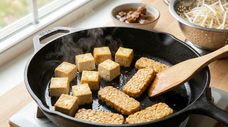 Gado-Gado method step 2, Prepare tofu and tempeh: Warm protein that still holds shape.