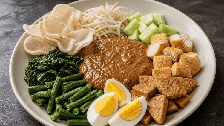 Gado-Gado method step 4, Arrange the plate: Sauce covers the center; crisp items stay at the edge.