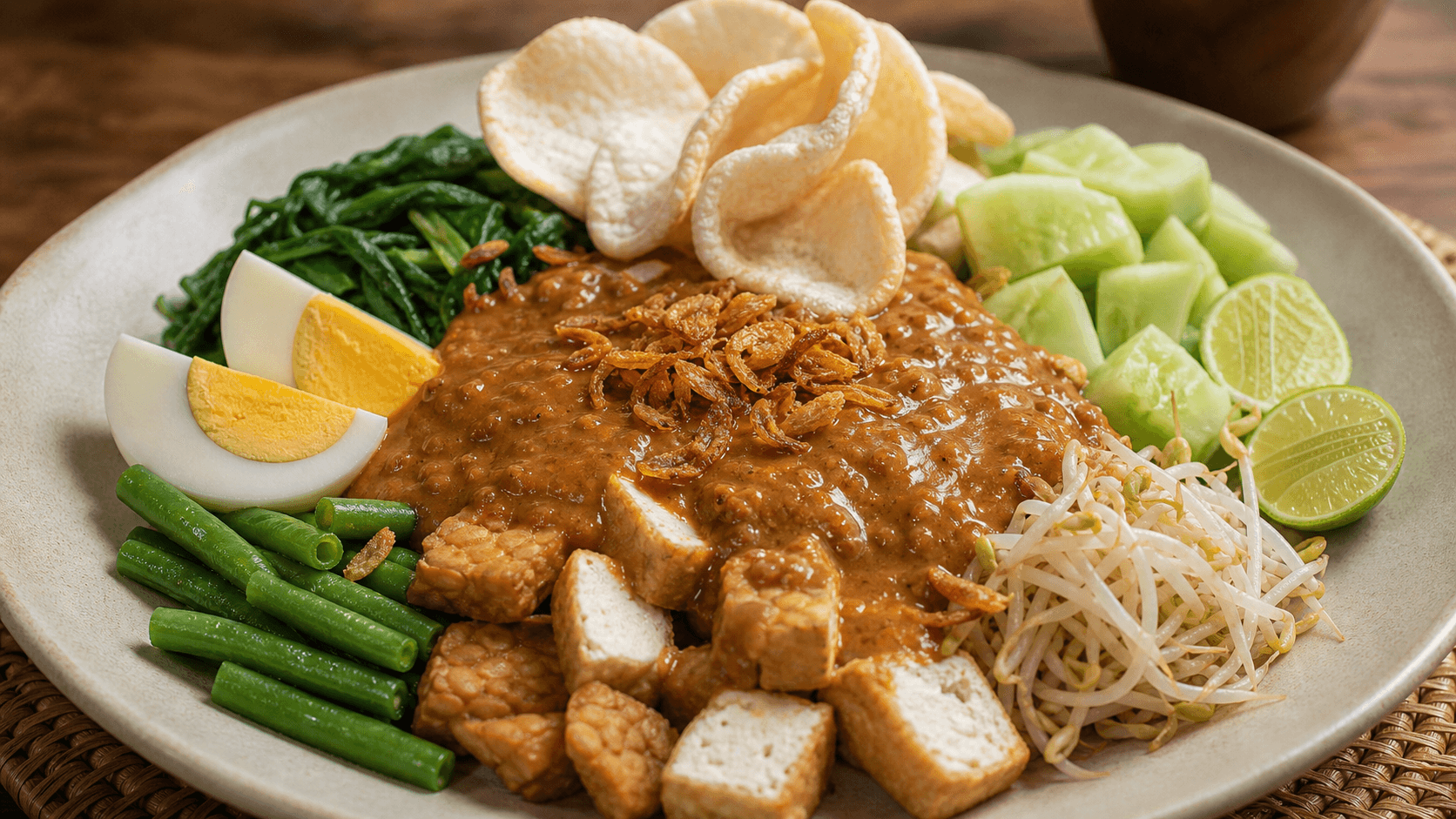 Gado-Gado, step 5, Serve immediately: Warm, crisp, creamy, and fresh in one bite.