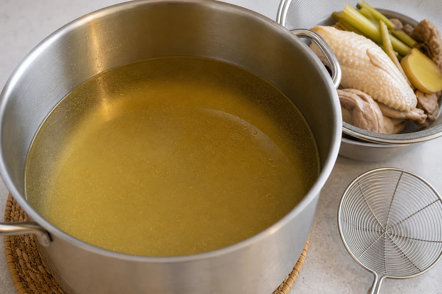 Hainanese Chicken Rice, step 1, Build a clean poaching stock: The stock is pale gold, clearly chicken-forward, and free of loose grey foam.