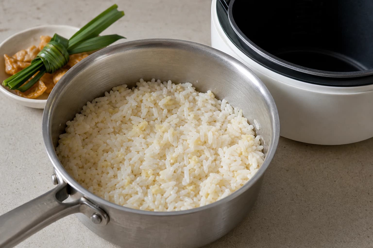 Hainanese Chicken Rice, step 4, Render fat and cook separate fragrant rice: Rested grains are tender, aromatic, and distinct with no oily or wet layer at the base.