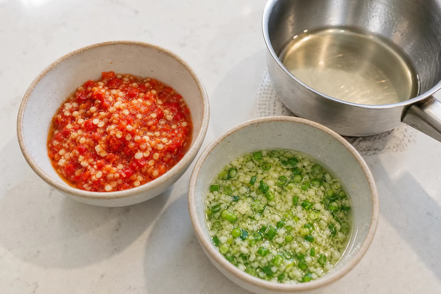 Hainanese Chicken Rice, step 5, Pound chilli and bloom ginger-scallion sauces: Chilli sauce is bright, sharp, and spoonable; ginger-scallion sauce sizzles fragrant without browned bits.