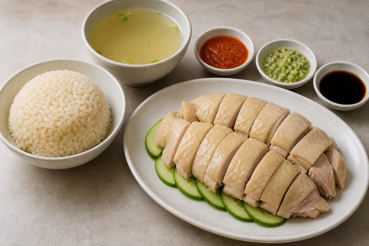 Hainanese Chicken Rice method step 6, Carve cleanly and serve the complete plate: Chicken slices retain skin, rice grains are separate, cucumber stays crisp, and every sauce remains visually distinct.
