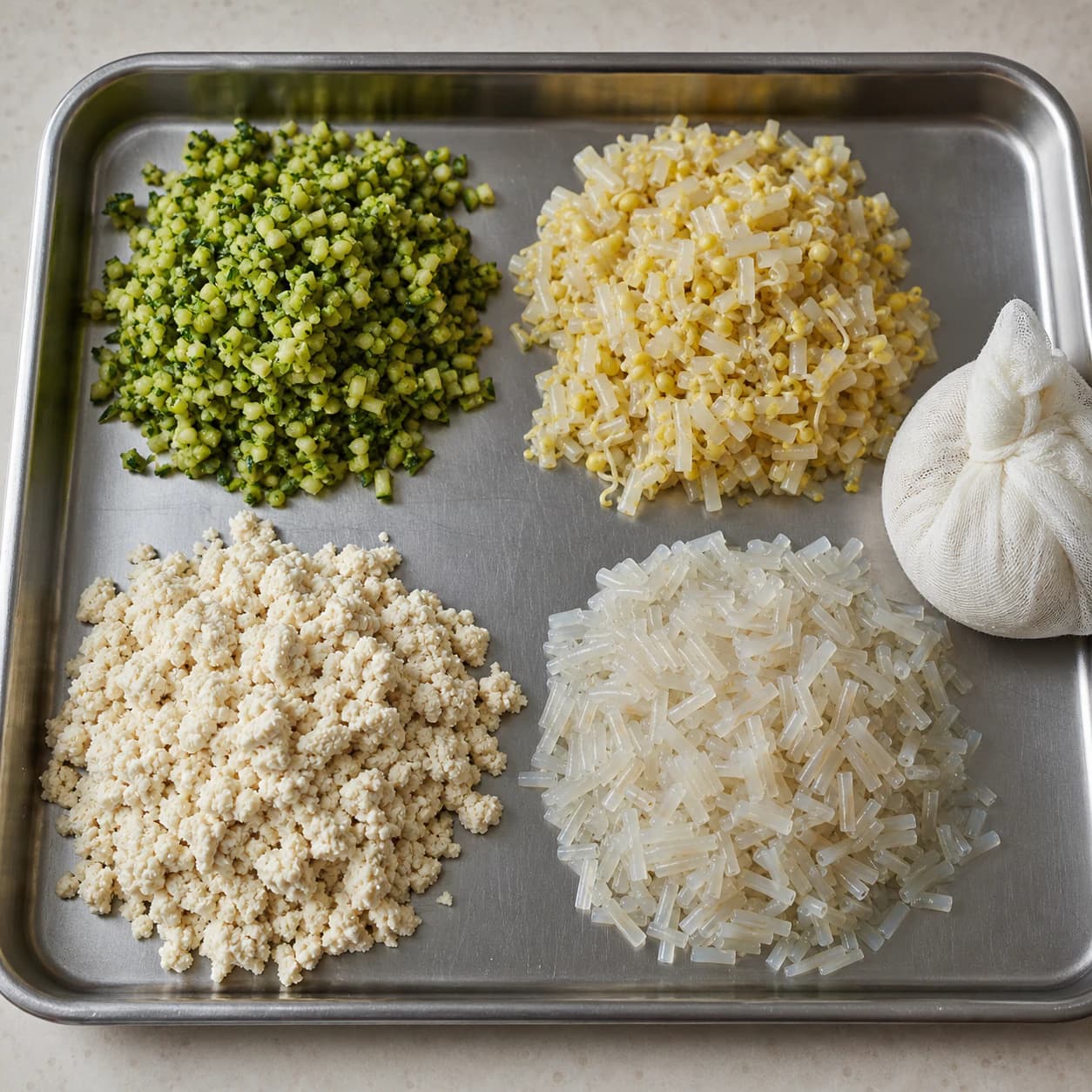 Homemade Pork Mandu, step 1, Cook, squeeze, and cool every wet component: Zucchini, sprouts, tofu, and noodles feel moist but produce no liquid when squeezed again.