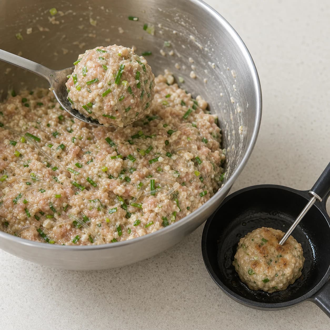 Homemade Pork Mandu, step 2, Bind the pork filling and cook a safety sample: The raw filling holds a rounded mound and the safely cooked sample is juicy, cohesive, and lightly seasoned.