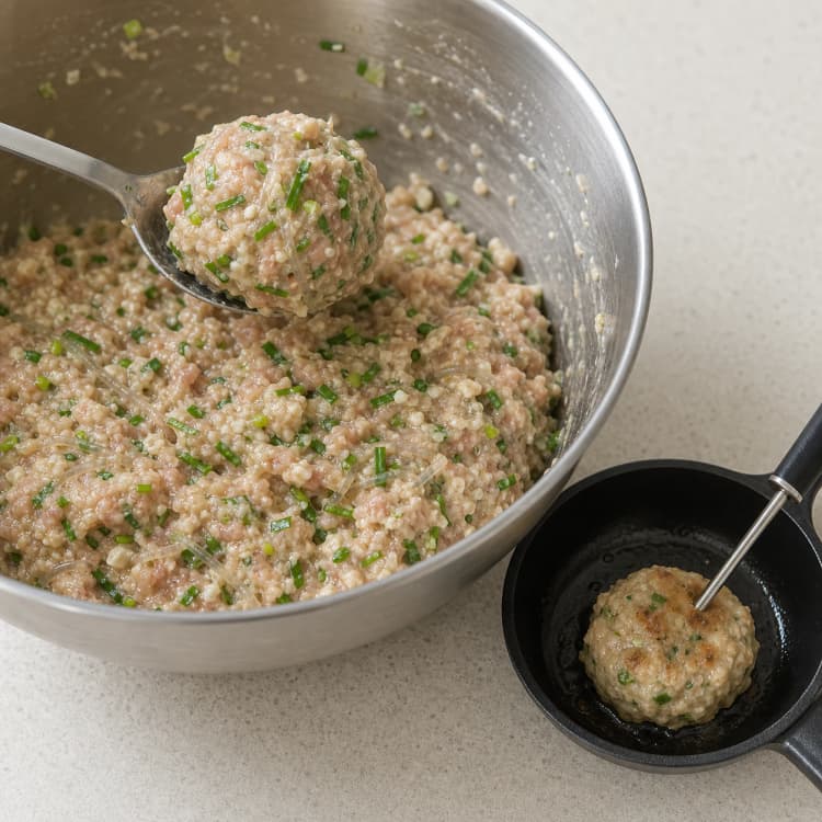 Homemade Pork Mandu method step 2, Bind the pork filling and cook a safety sample: The raw filling holds a rounded mound and the safely cooked sample is juicy, cohesive, and lightly seasoned.