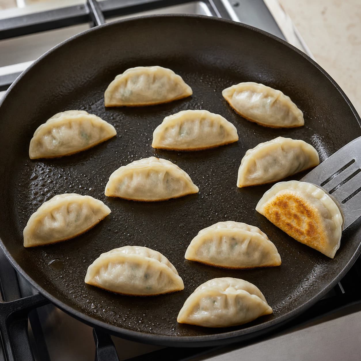Homemade Pork Mandu, step 4, Set the first batch's golden base: All 10 bases have a flat light-golden crust while the upper wrappers remain pale and flexible.