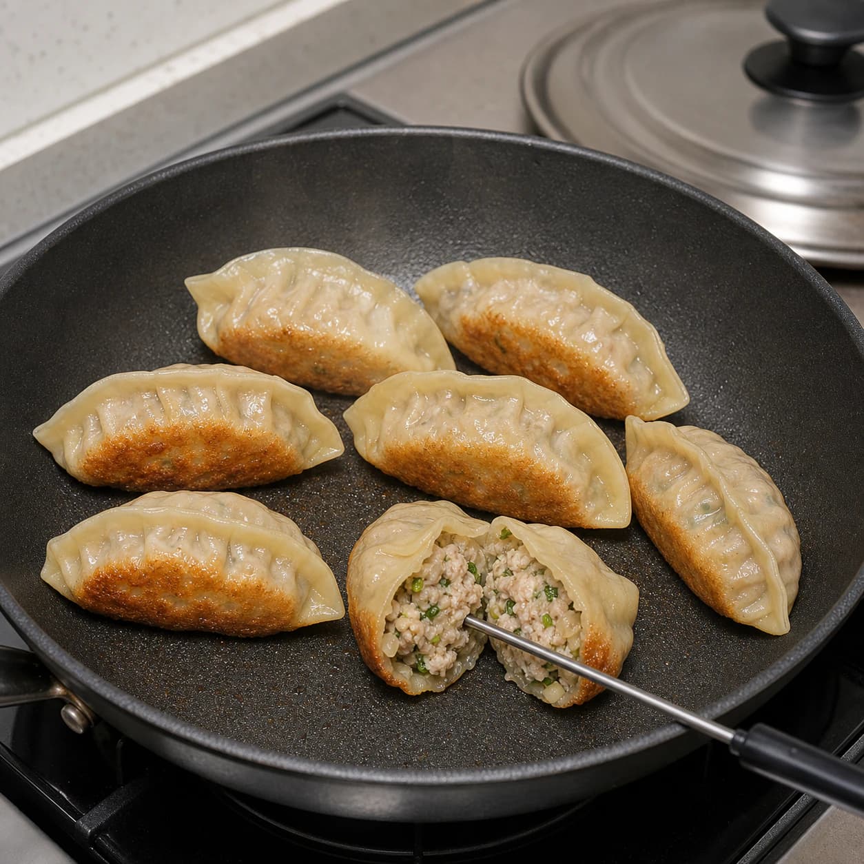 Homemade Pork Mandu, step 5, Pan-steam to 75°C, then re-crisp: Every batch has tender, slightly translucent upper wrappers, crisp bases, and a tested centre of at least 75°C.