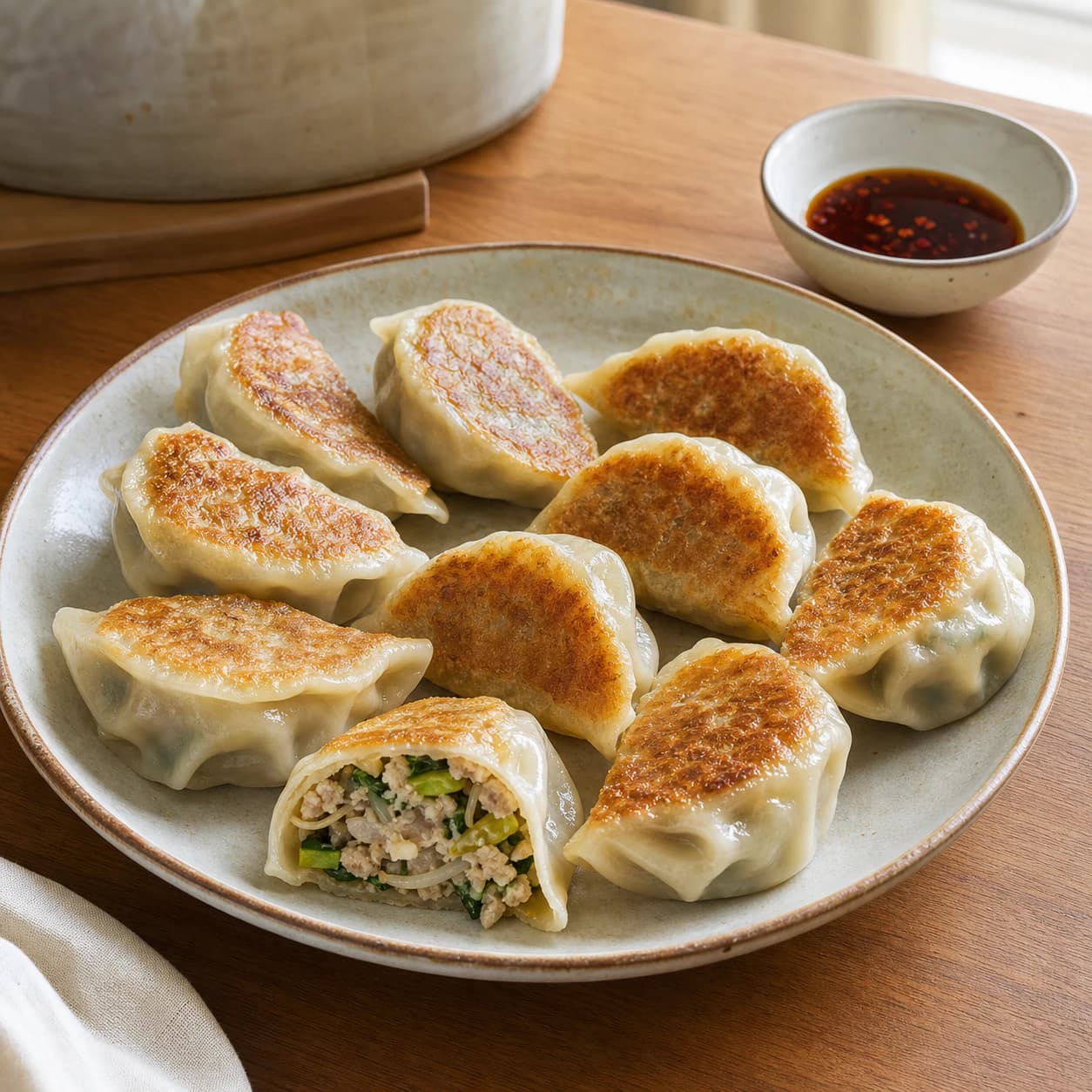 Homemade Pork Mandu, step 6, Mix the dip and serve immediately: The dip is sharp and fluid, and the mandu reach the table with dry audible bases and juicy centres.