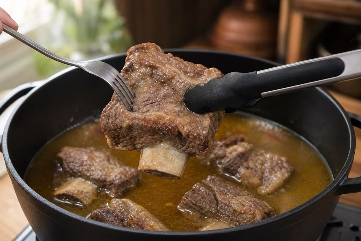 Iga Sapi Goreng Madu, step 3, Braise until tender but intact: Collagen is soft and glossy; meat yields around the bone without falling away.