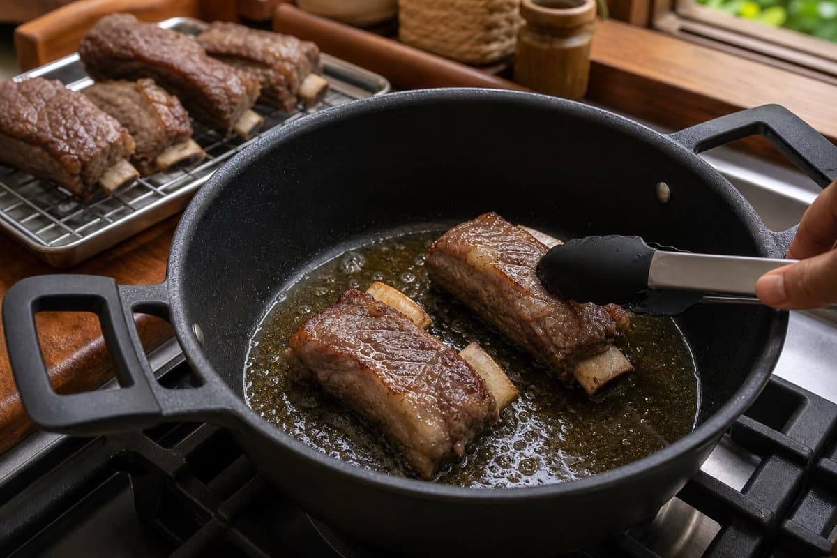 Iga Sapi Goreng Madu, step 5, Briefly shallow-fry for crisp edges: Edges are crisp and brown while the centre remains juicy; there is no sugar-black crust.