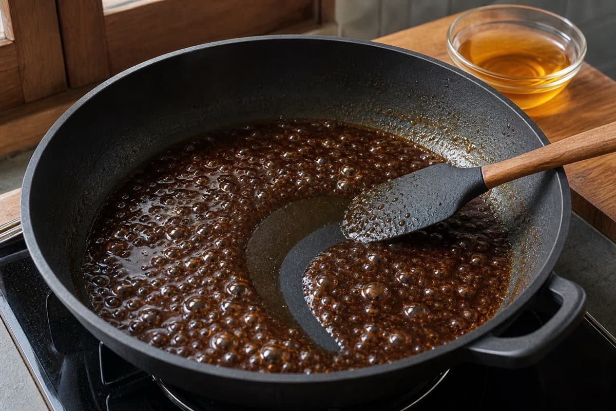 Iga Sapi Goreng Madu, step 6, Reduce kecap-stock before honey: The savoury reduction is glossy and lightly syrupy but still flows back across the pan.