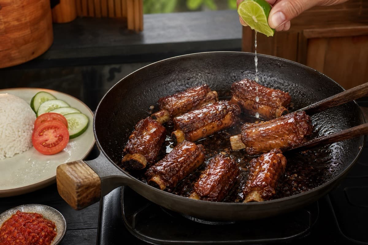 Iga Sapi Goreng Madu, stage 7: Glaze gently and lime off heat