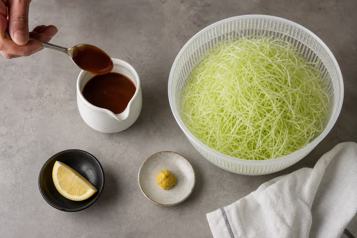 Japanese Pork Tonkatsu, stage 1: Make sauce and dry crisp cabbage