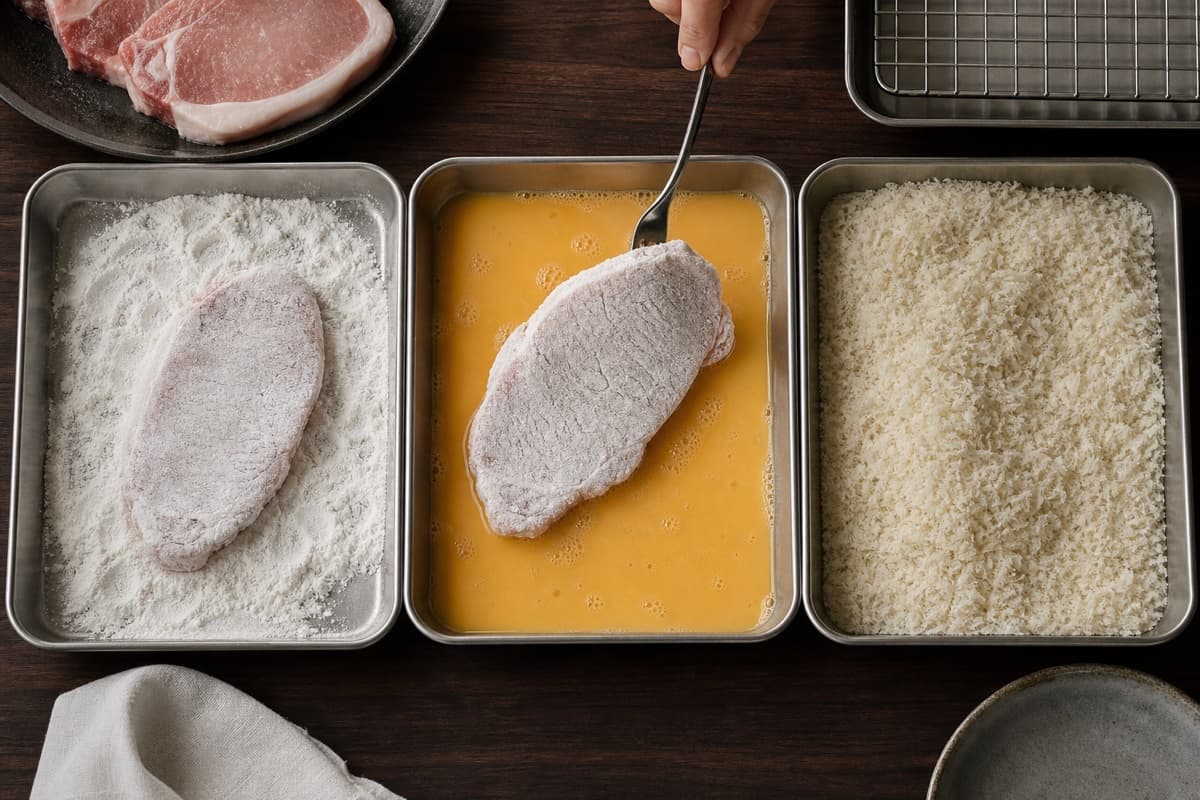 Japanese Pork Tonkatsu, step 3, Build a clean flour-and-egg bond: There are no wet bare spots, chalky clumps, or thick drips before the chop enters the panko.