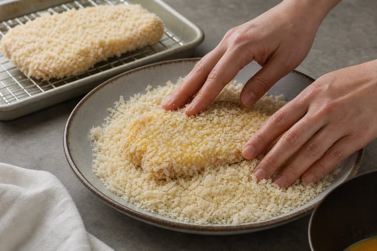 Japanese Pork Tonkatsu method step 4, Apply airy panko and rest: The coating is rough and dimensional, remains attached when lifted, and has no dark compressed wet patches.