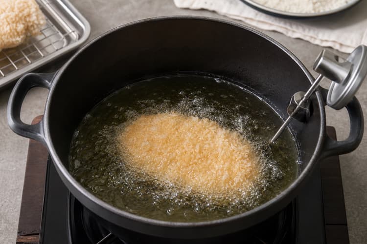 Japanese Pork Tonkatsu method step 5, First-fry gently at 160-165°C: Gentle steady bubbles surround a pale straw-gold intact crust; the oil never smokes or fills with burnt crumbs.