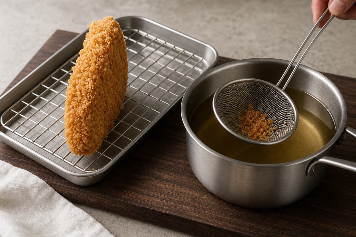 Japanese Pork Tonkatsu, step 6, Rest vertically and clean the oil: The pale crust stays dry and exposed, no oil puddle forms, and the second-fry oil contains no black crumbs.