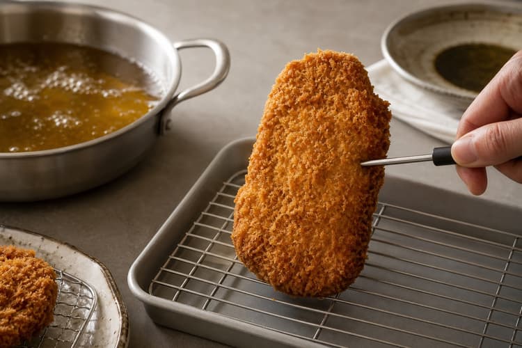 Japanese Pork Tonkatsu method step 7, Flash-fry, probe, and safety-rest: The crust is evenly rich gold, airy and dry; the centred probe reads at least 63°C without relying on pork colour.