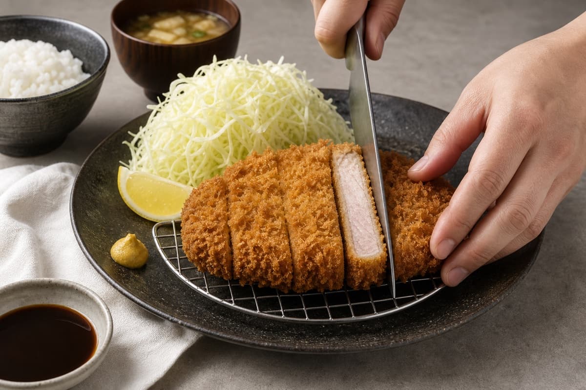 Japanese Pork Tonkatsu, stage 8: Slice straight down and build the set