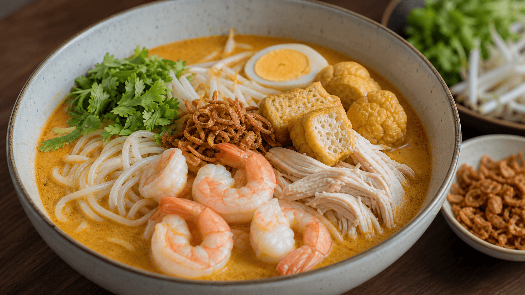 Laksa Lemak, step 5, Assemble bowls: Layers remain visible before stirring.