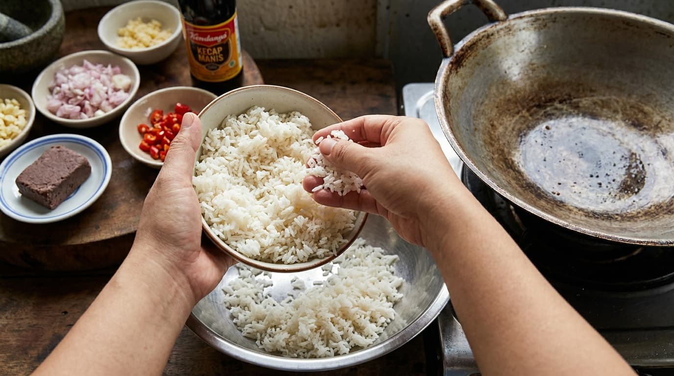 Nasi Goreng, stage 1: Break up cold rice