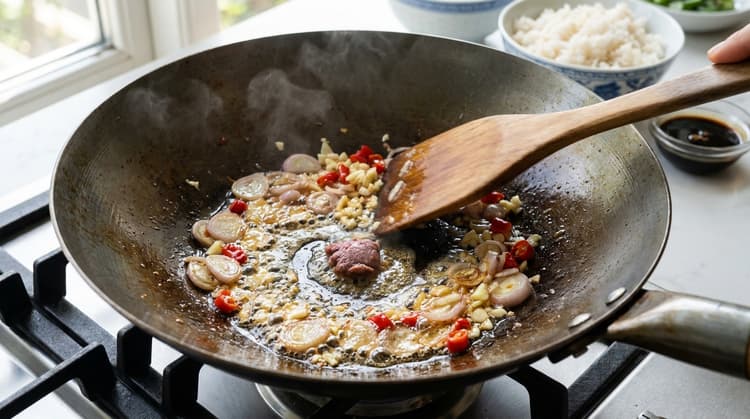 Nasi Goreng method step 2, Cook aromatics: Small bubbles and sweet shallot smell.
