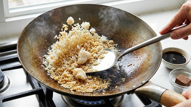 Nasi Goreng method step 3, Fry rice hot: Rice jumps freely and white clumps disappear.