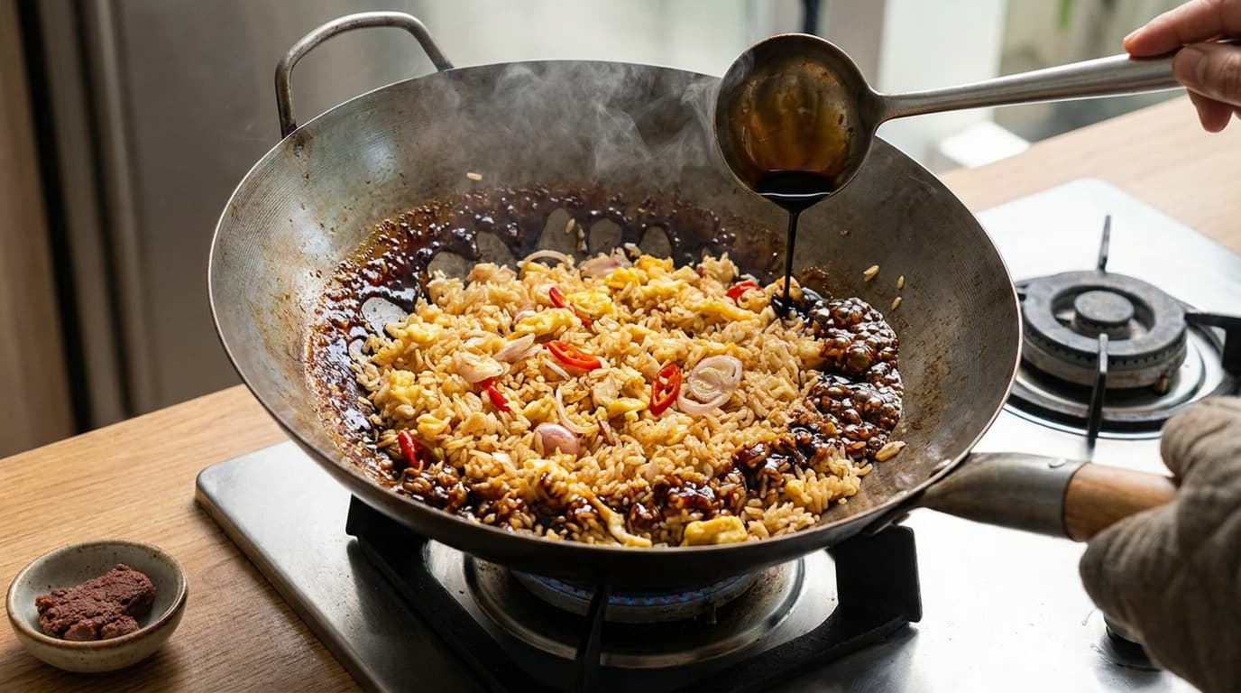 Nasi Goreng, stage 4: Glaze with kecap