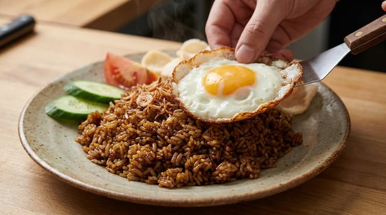 Nasi Goreng method step 5, Finish with egg: Crisp-edged egg and separate rice.