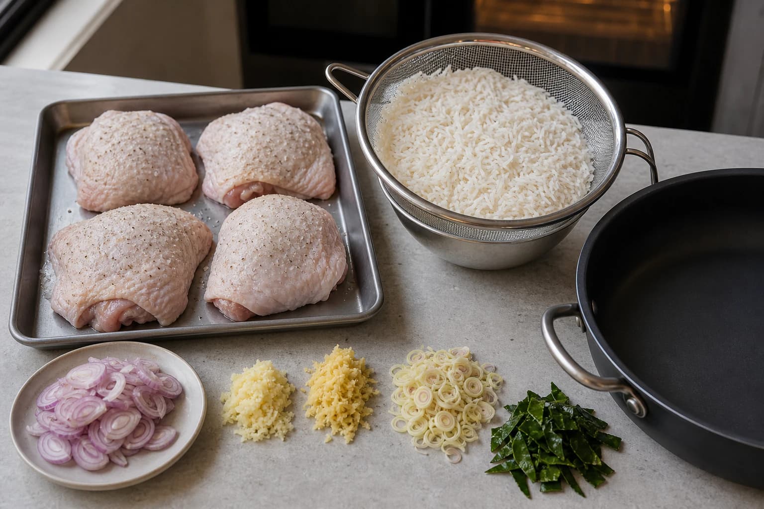 One-Pan Chicken and Crispy Rice, step 1, Heat the oven, dry-brine chicken, and drain rice: Chicken skin is matte and tacky, while drained grains are separate with no milky pool under the sieve.