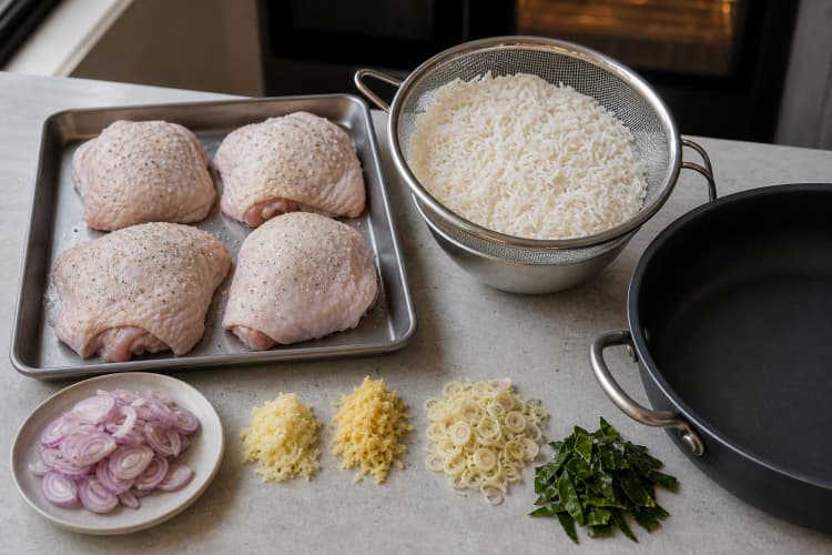 One-Pan Chicken and Crispy Rice method step 1, Heat the oven, dry-brine chicken, and drain rice: Chicken skin is matte and tacky, while drained grains are separate with no milky pool under the sieve.