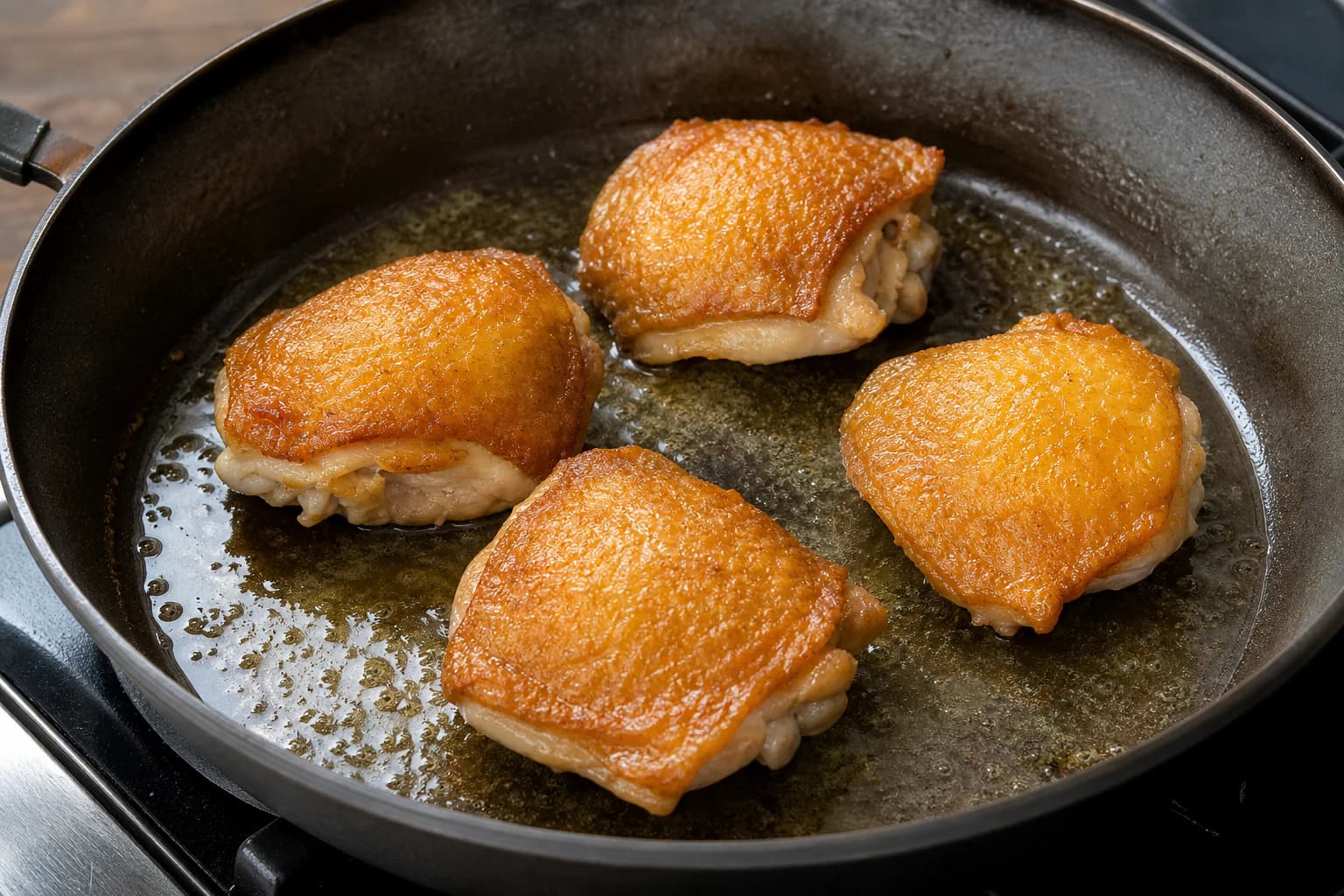 One-Pan Chicken and Crispy Rice, step 2, Render amber skin without kecap: Skin is evenly amber and rigid enough to lift cleanly, with no sugary black patches.