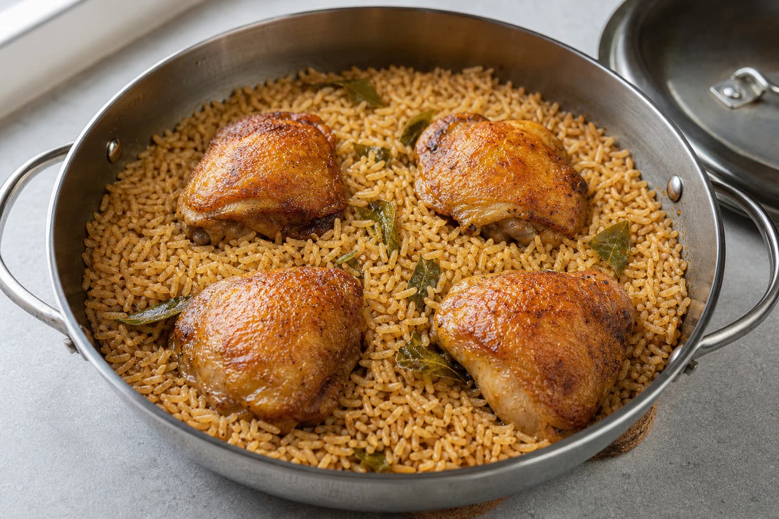One-Pan Chicken and Crispy Rice, step 4, Start measured covered absorption: The liquid is boiling before the covered pan enters the oven and every chicken skin sits above the liquid line.