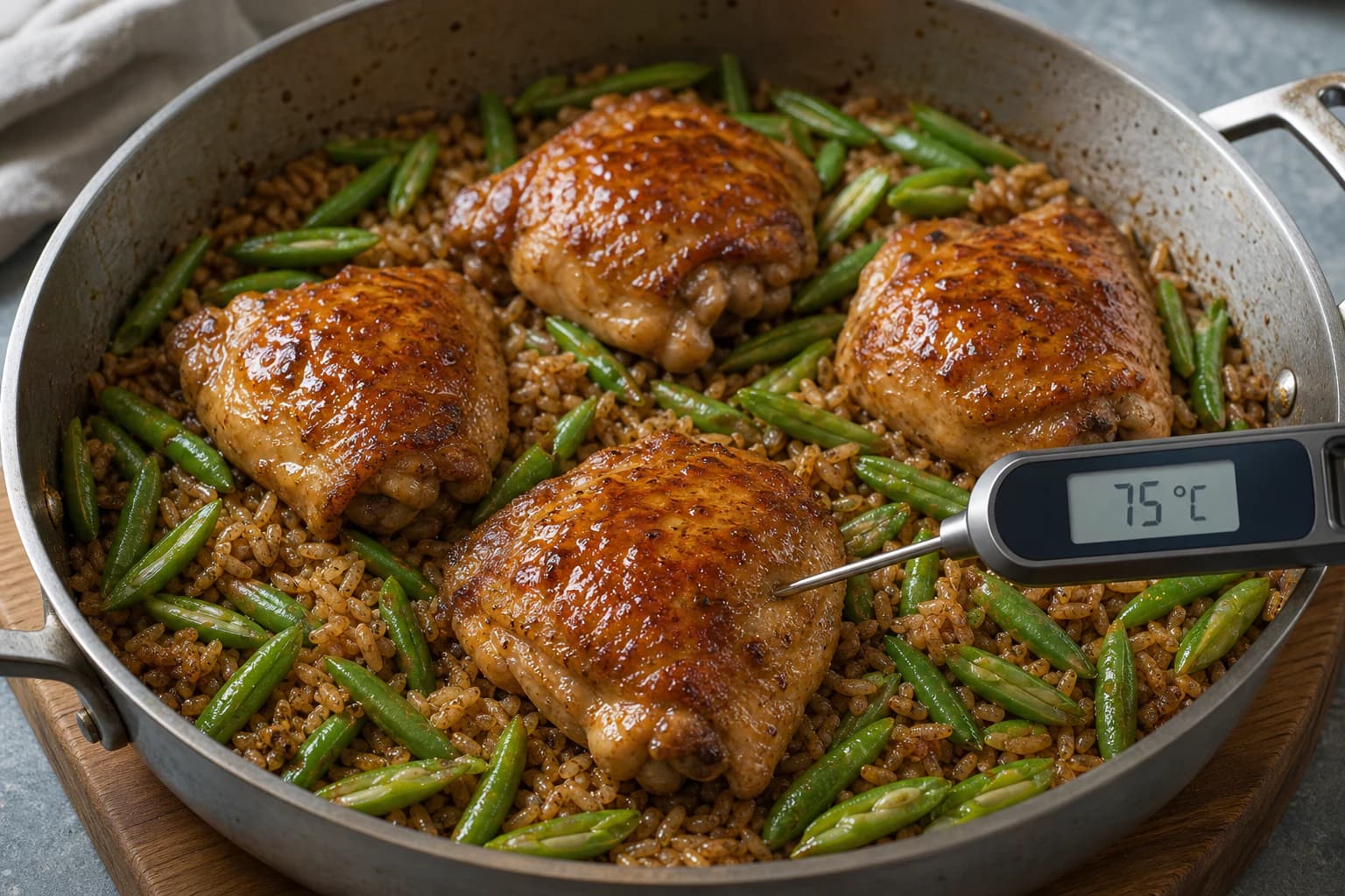One-Pan Chicken and Crispy Rice, step 5, Glaze, add beans, and verify 75°C: Chicken is lacquered and at least 75°C, beans are blistered-bright, and most liquid has disappeared between distinct rice grains.