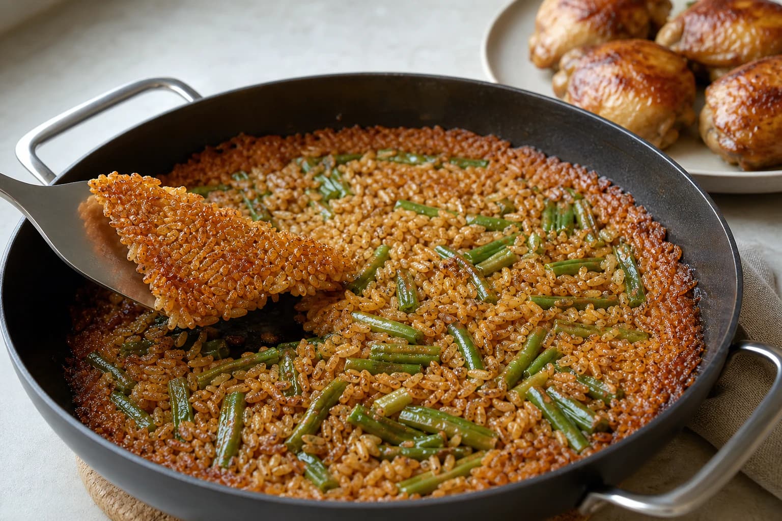 One-Pan Chicken and Crispy Rice, step 6, Set the crisp rice edge while the chicken rests: The perimeter is dry, deep gold, and rigid while centre grains remain separate and tender rather than hard.