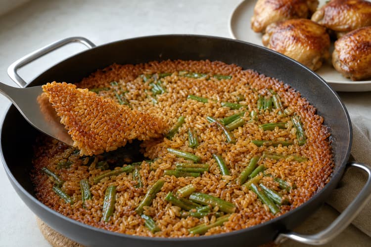 One-Pan Chicken and Crispy Rice method step 6, Set the crisp rice edge while the chicken rests: The perimeter is dry, deep gold, and rigid while centre grains remain separate and tender rather than hard.