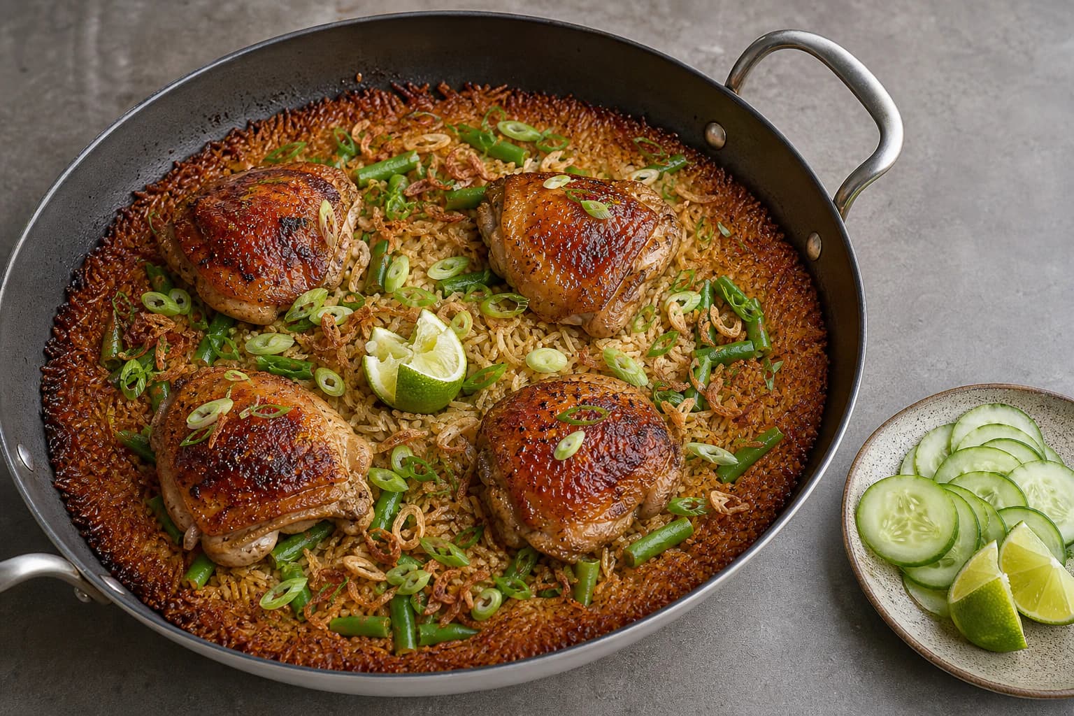 One-Pan Chicken and Crispy Rice plated dish