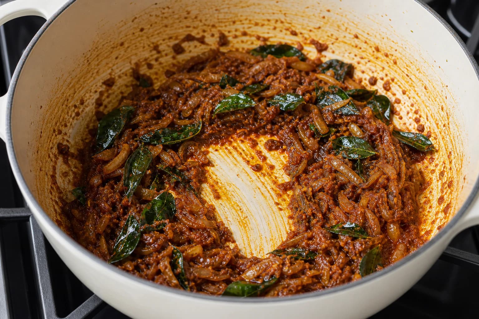 One-Pot Chicken Curry, step 3, Build a curry-leaf fond base: The onion is gold, curry leaves are crisp and aromatic, and the deglazed paste smells roasted rather than dusty.