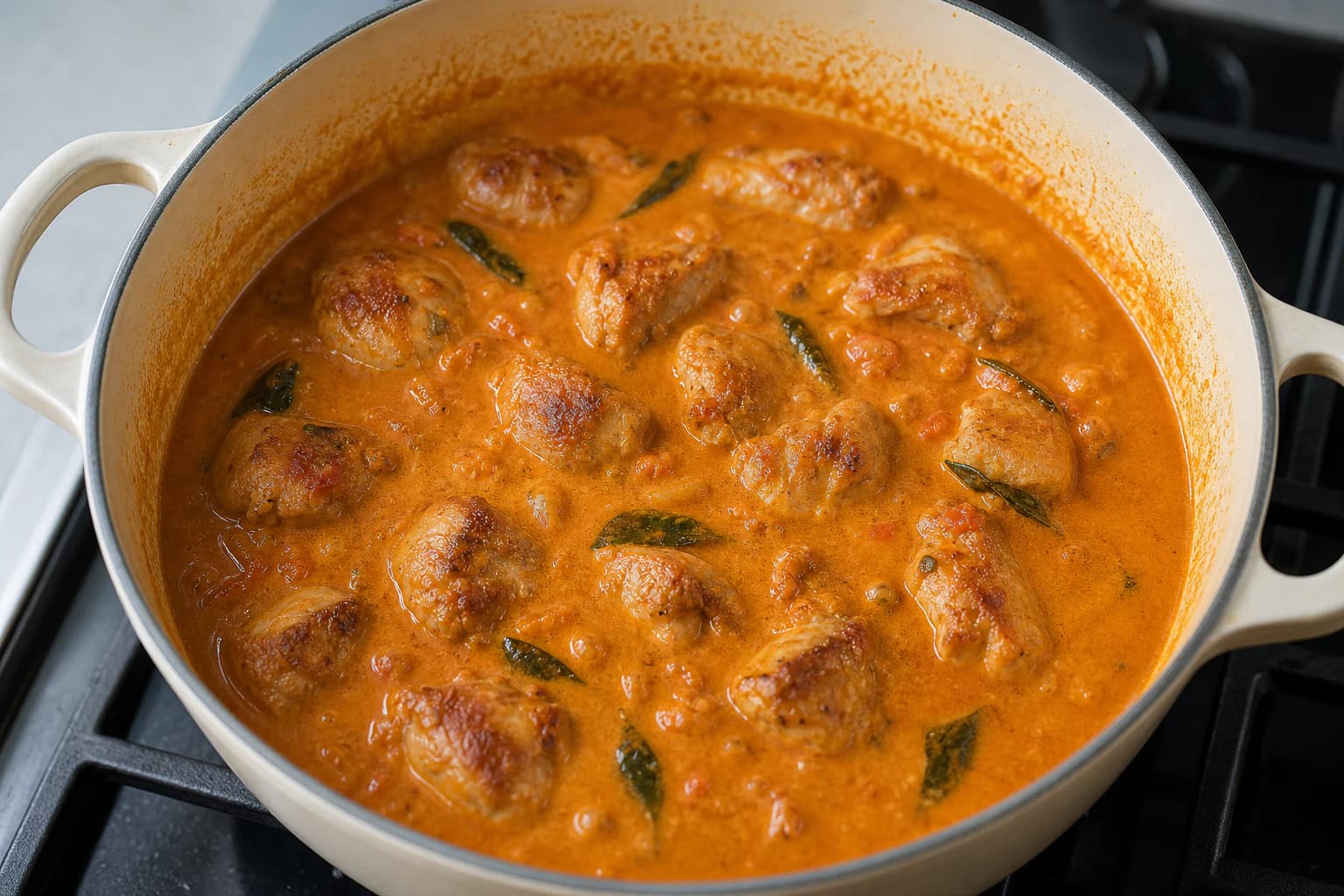 One-Pot Chicken Curry, step 4, Simmer tomato, coconut, and chicken: Small lazy bubbles break through a unified orange sauce and oil glints appear without a greasy slick.